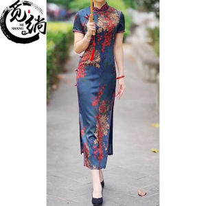 Retro Style Summer New plus Size Womens Qipao Dress Slimming Elegant Lady Dress Floral Print Stand Collar Short Sleeve Long Dress