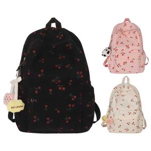 Womens Cherry Pattern Corduroy Backpack Travel Daypack with Multiple Compartments and Zipper Closure for School and Travel