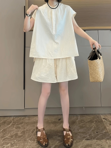 Shalldoer | Bộ đồ hai mảnh thường ngày cho nữ mùa hè 2025 Áo sơ mi thẳng có thắt lưng và quần ngắn màu trơn Pure Texture Sensation