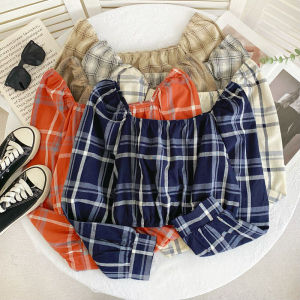 Retro Kẻ Caro Áo Sơ Mi Ngắn Tay Nữ Áo Sơ Mi Dài Tay Cao Cấp Vòng Eo Tay Áo Bong Bóng Phong Cách Hàn Quốc Đi Lại Thiết Kế Rộng Rãi Cotton Vải Bông Vải Lanh Áo