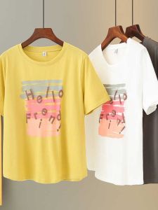 round Neck Shoulder Tops 2024 Summer New Arrival Plus Size Short Sleeve Color Graffiti Letter Print Lazy and Loose T-shirt