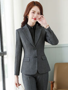 Gray Suit Set Womens Spring Autumn Professional Formal Workwear Jacket And Pants Ensemble for Jewelry Store Staff