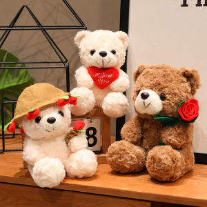 15/25CM Kawaii Cartoon Anime Love Rose Hat Bear Stuffed Animal Plush Toy Childrens Couple Bear Handmade Doll Festival Gift