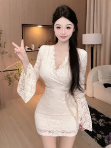 qiaocong | V-Neck Bell Sleeve Lace Dress with Waist Cincher