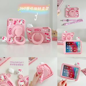 For Apple iPad Pro Air 11 M2 M4 A16 11th 10th 9th 8th 7th 6th 5th Air Pro 3rd 4th 10.9" 10.2" 9.7" 10.5" 11.0" Mini 1 2 3 4 5 6 7 A17Pro Tablet Kids Safe Silicone Cute Cartoon Cat Expansion Bracket Pen Slot Strap Case Cover