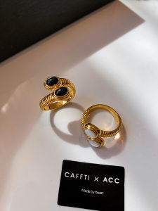 CAFFTI | Golden Black Onyx White Mother-of-Pearl Adjustable Ring