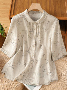 เสื้อเชิ้ตแขนสั้นผ้าลินินลายดอกไม้ฤดูร้อนสำหรับผู้หญิง ทรงหลวม ทรงสลิมฟิต ทรงลำลอง เสื้อเชิ้ตคอโปโลแบบบาง