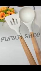 FLYBUY SHOP 3PCS White Silicone Kitchenware Cooking Utensils Set Wooden Handle Non-Stick Spatula