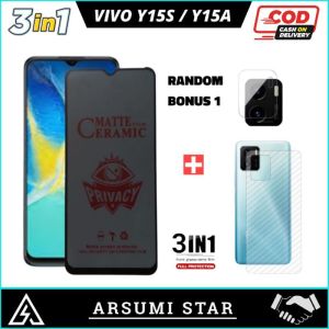 PROMO PAKET MURAH 3 IN 1 TEMPERED GLASS CERAMIC MATTE ANTI SPY VIVO Y15S / Y15A ANTI GORES KACA CERAMIC MATTE ANTI SPY + CAMERA LENS + GARSKIN CARBON 3D