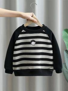 Korean Style Fleece Lined round Neck Sweatshirt for Boys with Stripe Print Fashionable Baby Clothes Thickened Autumn Wear