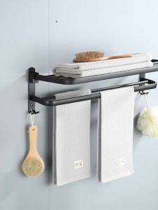 Wall Mounted SUS304 Double Layer Storage Rack Towel Foldable Shelf Bar - Silver (A28) / Aluminium Black Shelf/ Brown (3330-1) / Gun Grey (GG003) / Gold Black (GB010)