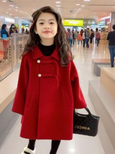 Girls Thickened Woolen Coat Red Autumn Winter Clothes Childrens Traditional New Year Outfit Princess Style Medium Length