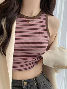 Hong Kong Style Stripes Retro Waistcoat Outerwear Vest Womens Summer Fancy Chic Contrast Color Anti-Aging Top Knitting Sling