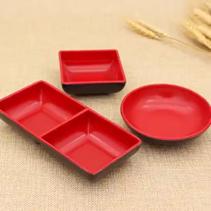 5pcs Round Sauce Dishes Food Dipping Bowls Red and Black Seasoning Dish Saucer Plates