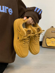 Mens Fleece Lined Shoes Brown Versatile Casual Board Shoes Winter Warm Thick Bottom round Toe Leather Material PVC Sole