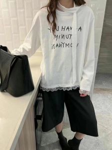 Korean Style Loose Long Sleeve round Neck Knitted Top with Lace Trim Letter Print And Draped Neck Design Polyester Fiber