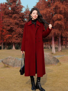 เสื้อโค้ทผ้าขนสัตว์สองด้านสีแดงสำหรับฤดูหนาวปีใหม่ 2025 เสื้อโค้ทผู้หญิงทรงหลวมยาวถึงข้อศอกสไตล์เกาหลี ปกตัว สีสันสดใส แขนยาว