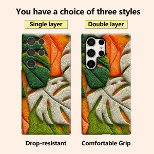 Leather Tropical Leaf Luxury Fashion Full Lens Protective Case for Samsung Galaxy S26 S25 S24 A56 A36 Plus Ultra