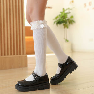 Black Lace Band Bows Mid-Calf and Long Length Socks Japanese Cute Girl Kids Calf Socks