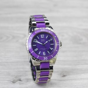 Jam tangan Wanita Q&Q F461-014 tali rantai stainless bulat analog original