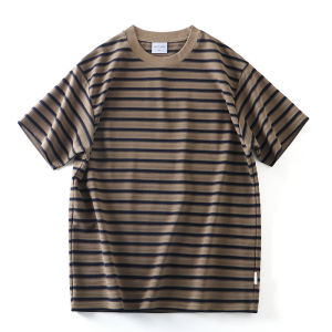 American Retro Double-Sided Knitted Stripe Soft Skin-Friendly Loose Casual round Neck Short Sleeve Mens T-shirt Summer Fashion