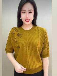 Summer New Ladies Thin Knitted Base Shirt Overhead round Neck Solid Color Two Roses Short Sleeve T-shirt Top Simple Casual Style
