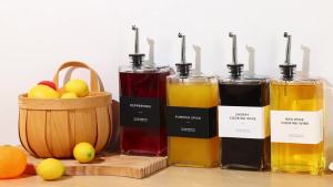 2Pcs 500ml Olive Oil Dispenser Bottle Glass Oil Dispenser Rectangular Cooking Dispenser Transparent Olive Oil Bottle WIth Labels