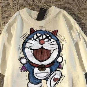 Bandai | New Pure Cotton Japanese Cartoon Little Devil Doraemon T-shirt Short Sleeved Couples Casual Loose Summer Top for Men and Women