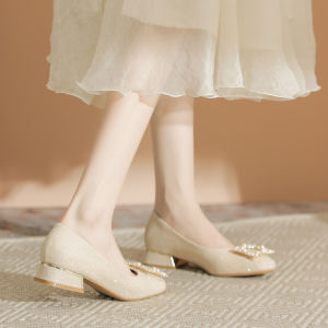 Elegant Pearl Buckle High Heels Womens Fashion Single Shoes for Skirts Cheongsam Wedding Shoes Maids Large Size Shoes