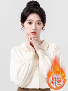 Pink Doll Collar Long Sleeve Fleece Lined Womens Shirt Sweet Style Warm Top for Autumn Winter New Design Chinese Fashion