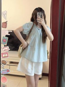 XUECAIQI | New Pretty and Stylish Korean Style Youthful Puff Sleeve Shirt and Shorts Set