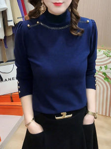 QINGNAER | Plus Size Simple Half-high Collar Long Sleeve Top with Rhinestones Autumn Winter
