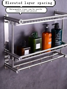 Bathroom Rack Stainless Steel Towel Rack Wall Mounted Space Storage Hanger Shelf Rack With Hooks Bath Towel Rack#ZWL03