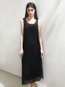 Miccbeirn | Elegant French Style Silk Vest Dress Straight Long Skirt Two Piece Set U Neck Sleeveless Summer Fashion Natural Waist H Type