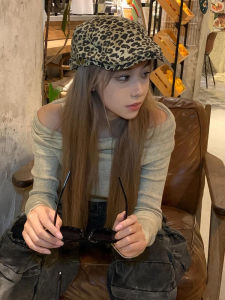 Retro American Leopard Print Beret Hat Women Summer Thin Face Slimming Duckbill Cap Casual Cotton Short Brim Fashion Accessory