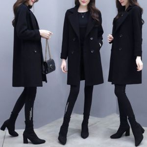 2025 New Korean Style Womens Woolen Coat Black Loose Long Jacket with Pockets Street Style Button up Long Sleeve Suit Jacket