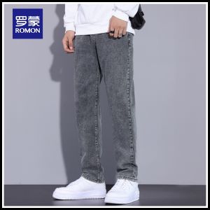 ROMON | Romon Mens Summer Thin Casual Loose Straight Leg Jeans Fashionable Washed Vintage Nine-Tenths Pants Cotton Polyester Blend