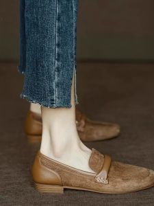 รองเท้าหนังแท้ทำมือสวมใส่สบาย รองเท้าผู้หญิงฤดูใบไม้ผลิและฤดูใบไม้ร่วง รองเท้าสวมแบบสวมสบาย ส้นแบน รองเท้าพื้นแบนแบบสวมสบายสำหรับคนขี้เกียจ