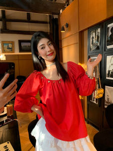 Red Linen Shirt Women Loose Spring New Design Shoulder One Word Cotton Blend Long Sleeve Pure Color Korean Style Commute Shirt