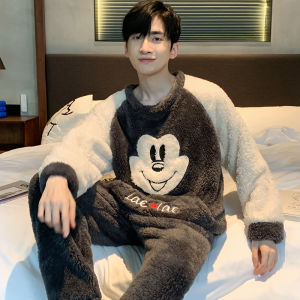 ชุดนอนผู้ชายสไตล์เกาหลี ขนแกะคอรัลหนา ฤดูหนาว ขนาดใหญ่ ผ้าฝ้ายขนแกะ ชุดอยู่บ้าน คอตตอน แขนยาว ทรงหลวม