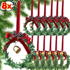 8PCS Christmas Wreath Bows with Jingle Bells Christmas Pendants Green Leaves Red Fruit Xmas Tree Hanging Ornaments Artificial Craft