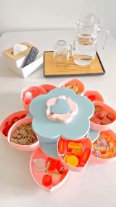 Hộp Mứt Xoay Khay Đựng Mứt Tết Bánh Kẹo Màu Hồng 2 Tầng 10 Cánh Sen Xoay