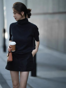 Elegant Grey High Collar mid Sleeve Knitted Base Shirt Women Loose Slimming Five Sleeve Tops Korean Style Commute Fashion