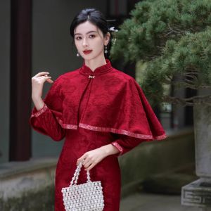 Váy Cưới Dài Tay Lót Lông Cừu Phong Cách Trung Hoa Mới Cho Cô Dâu Mùa Đông Váy Cưới Hai Mảnh Có Khăn Choàng Váy Cưới Cổ Điển