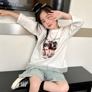 Girls Long Sleeve T-Shirt Lace Trim Cartoon Print Spring New Style Childrens Clothing Korean Style round Neck Loose Fit Top