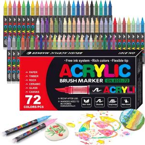 12-72 Colors Acrylic Paint Pens Markers Brush Tip Paint Markers for Rock Painting Wood Canvas Stone Christmas Gift DIY Crafts