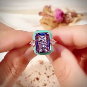 Huitan Rose Gold Color Blue Enamel Ring with Cubic Zirconia for Women Statement Jewelry for Engagement Ceremony Party