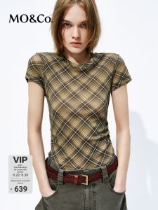 MO&Co. | New British Check Print High-Elastic Thin Mesh Fitting Round Neck Shirt