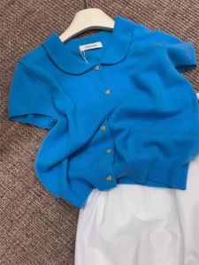 Blue Doll Collar Short Sleeve Knitted Top Womens Gentle Fashion Heart Buckle Shirt Korean Style Loose Fit Pure Color T-shirt