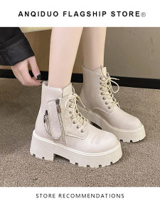 British Style Motorcycle Short Boots Womens Thick Bottom Outerwear Spring Autumn New Style Ankle Boots round Toe Rubber Sole
